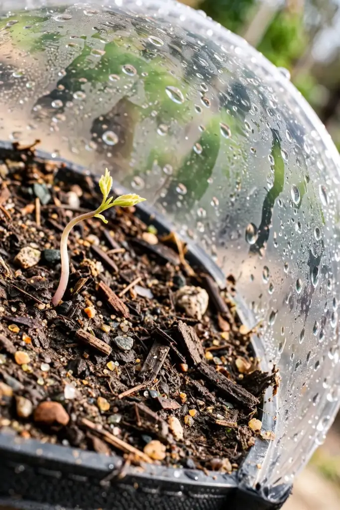 Kokum seedling emerging under a humidity dome on a heat mat