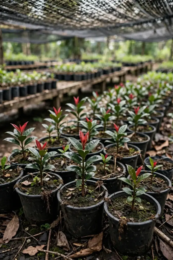 Rows of young kokum seedlings in nursery pots under shade netting
