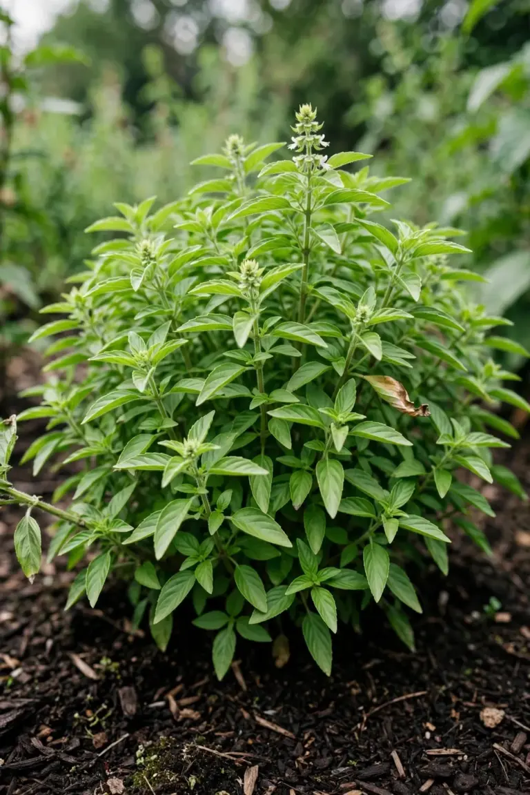 Bushy lemon basil plant with narrow serrated leaves in a sunny garden bed
