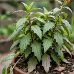 Bushy longevity spinach plant in a deep pot with trailing stems and ovate leaves