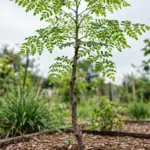 Young moringa tree with feathery leaves in a mulched garden bed under daylight