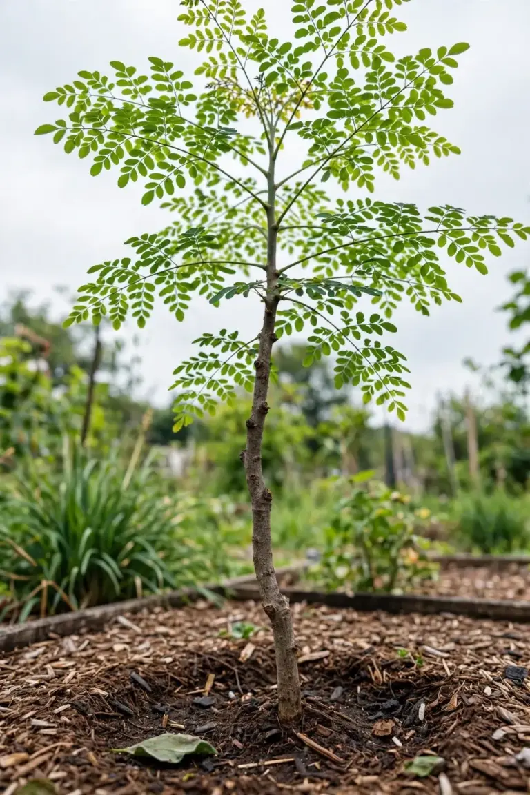 Young moringa tree with feathery leaves in a mulched garden bed under daylight