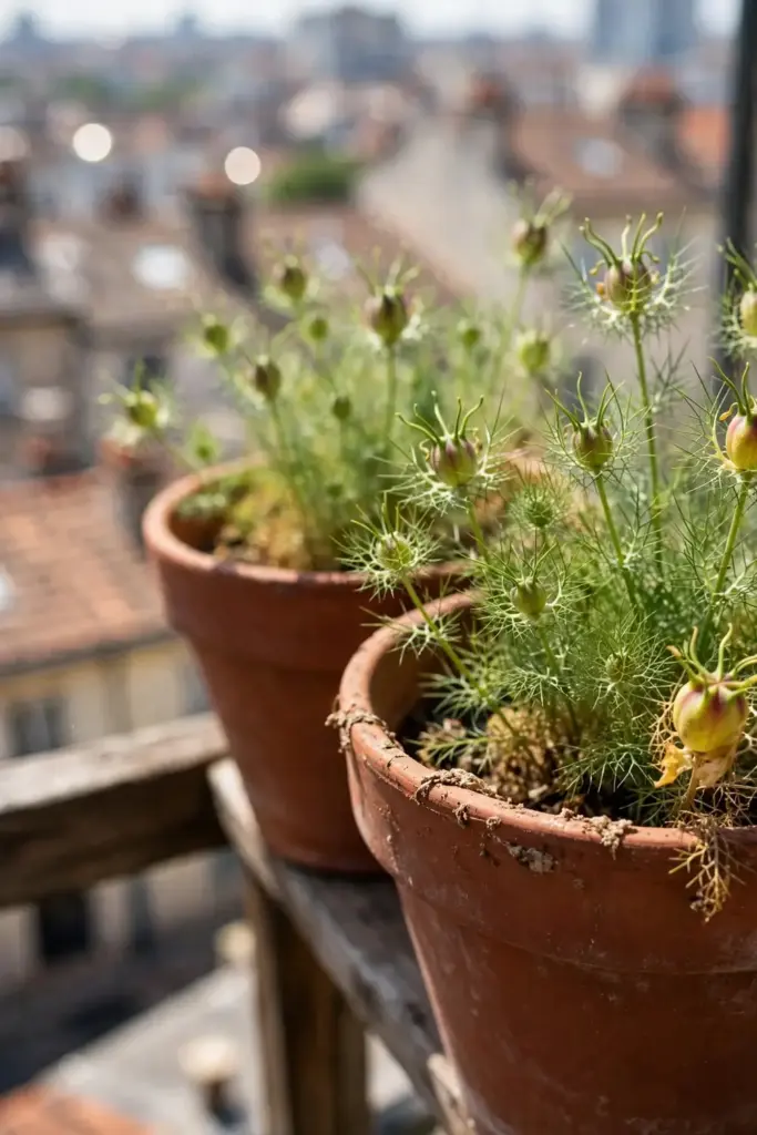 Nigella plants with green pods growing in deep terracotta balcony pots