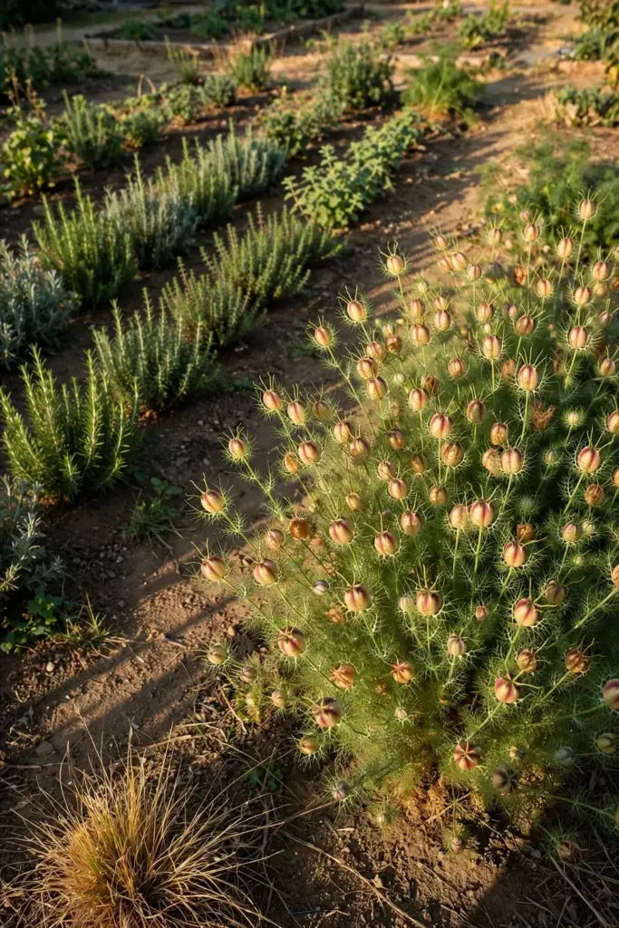 Nigella bed with ripe pods in a spice garden at golden hour