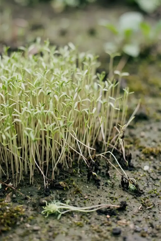 Overcrowded pale nigella seedlings in damp shaded soil