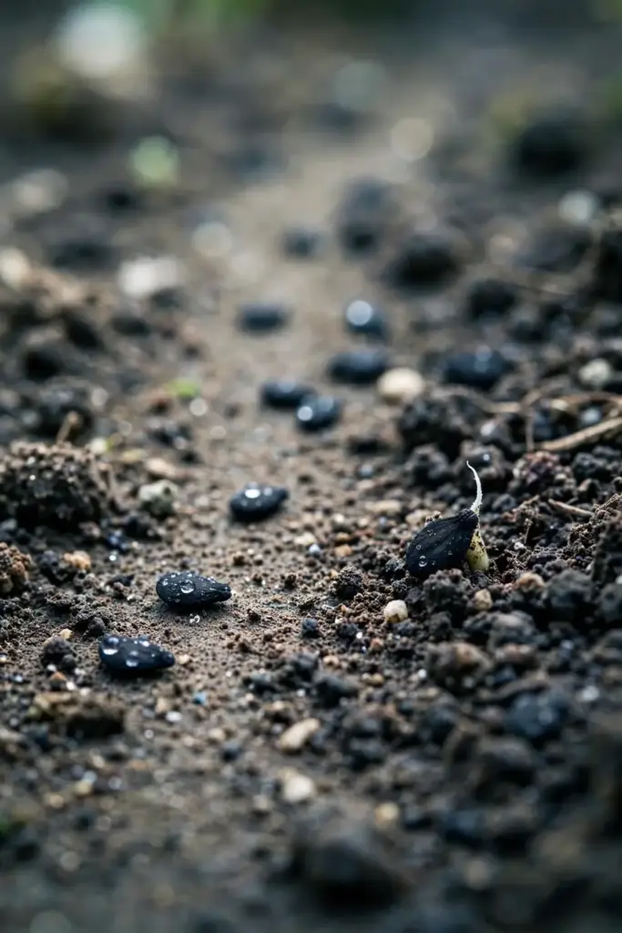 Nigella seeds surface-sown in moist soil, one sprouting
