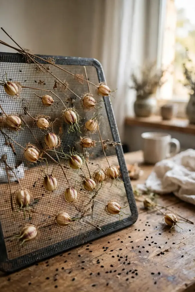 Cut nigella stems with capsules drying on a mesh screen