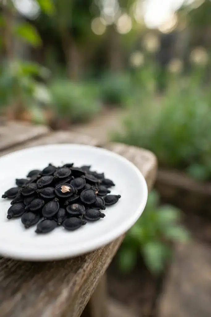 Angular black nigella seeds piled on a small white saucer