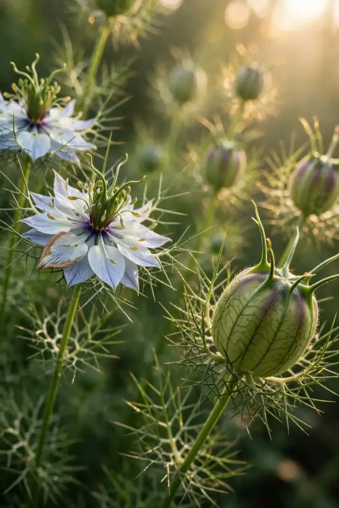 Pale nigella flowers beside swelling green seed capsules