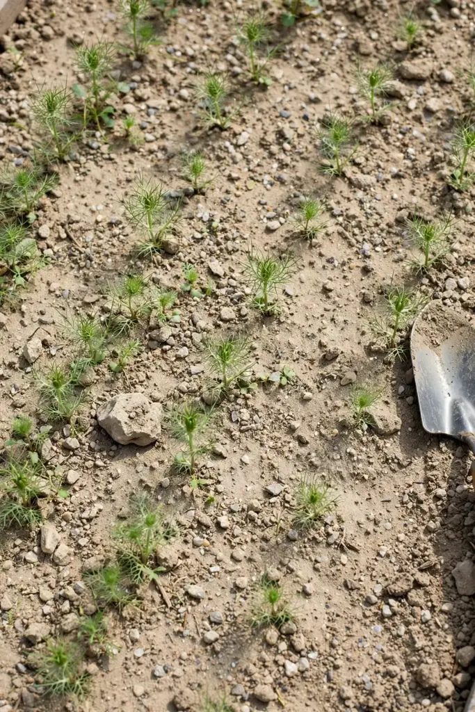 Sandy loam soil with grit in a nigella bed, seedlings emerging