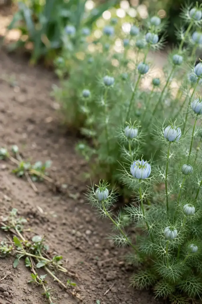 Nigella plants with flower buds thriving in lean unfertilized soil