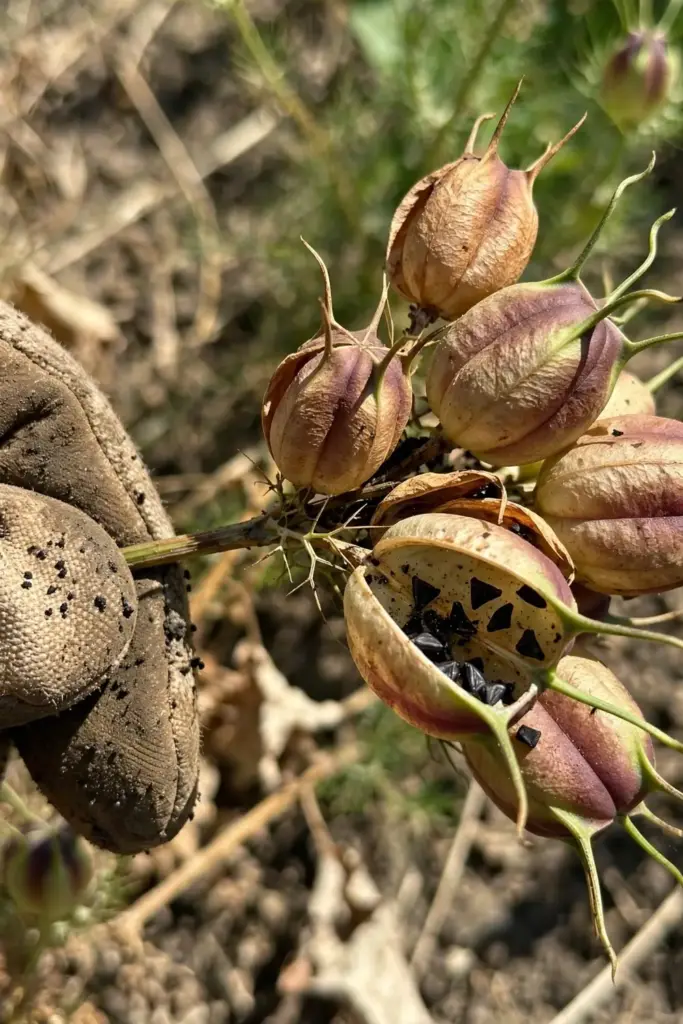 Papery brown nigella pods on the stem, one split showing black seeds