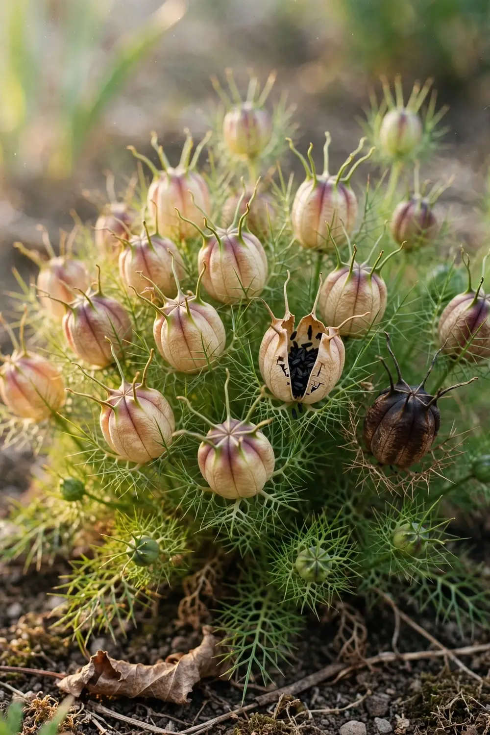 Nigella sativa bed with ripe papery seed pods, one split showing black seeds