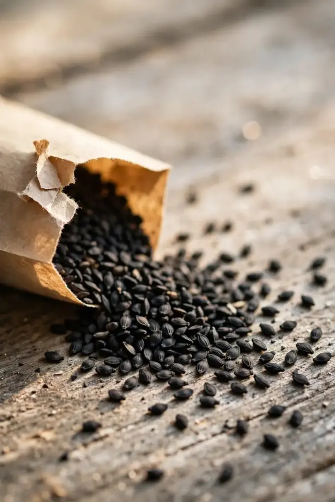 Angular black Nigella sativa seeds spilling from a paper seed packet