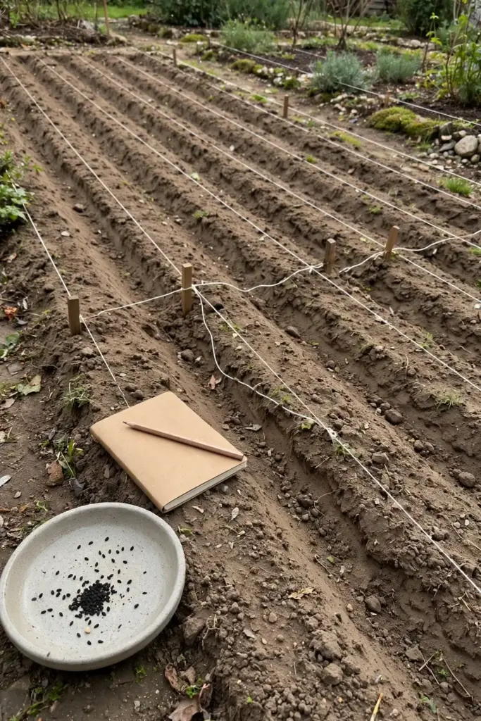 Prepared garden bed with furrows, notebook, and nigella seeds ready to sow