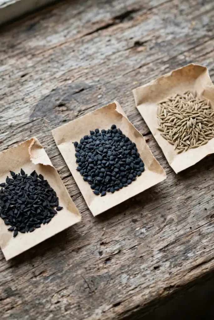 Three seed piles compared: culinary nigella, ornamental nigella, black cumin