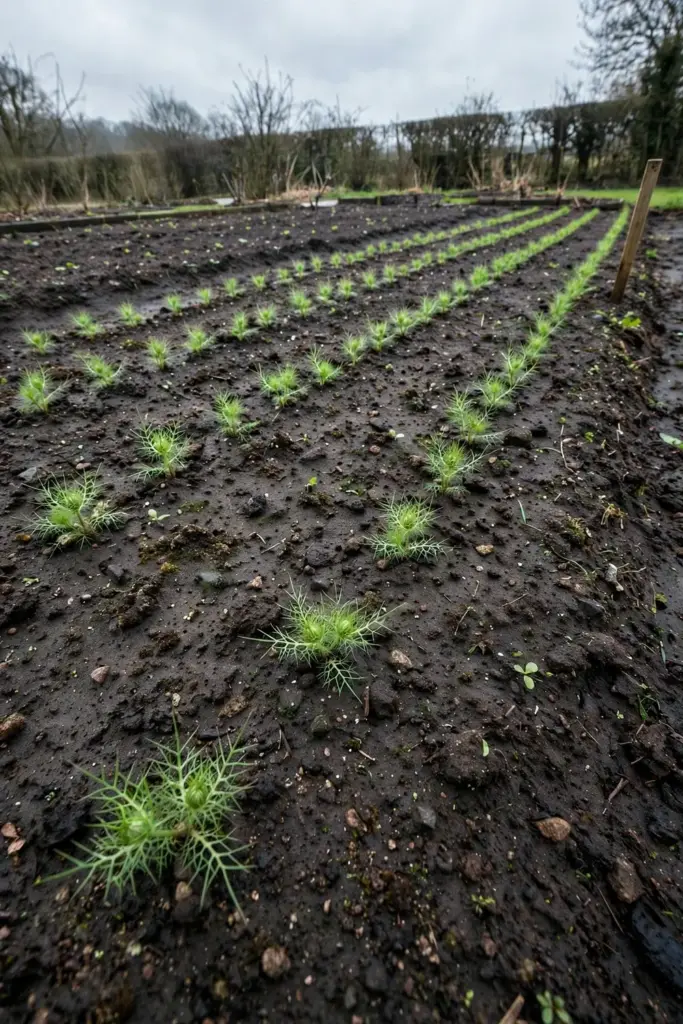 Young nigella seedlings in neat rows in a cool spring garden bed