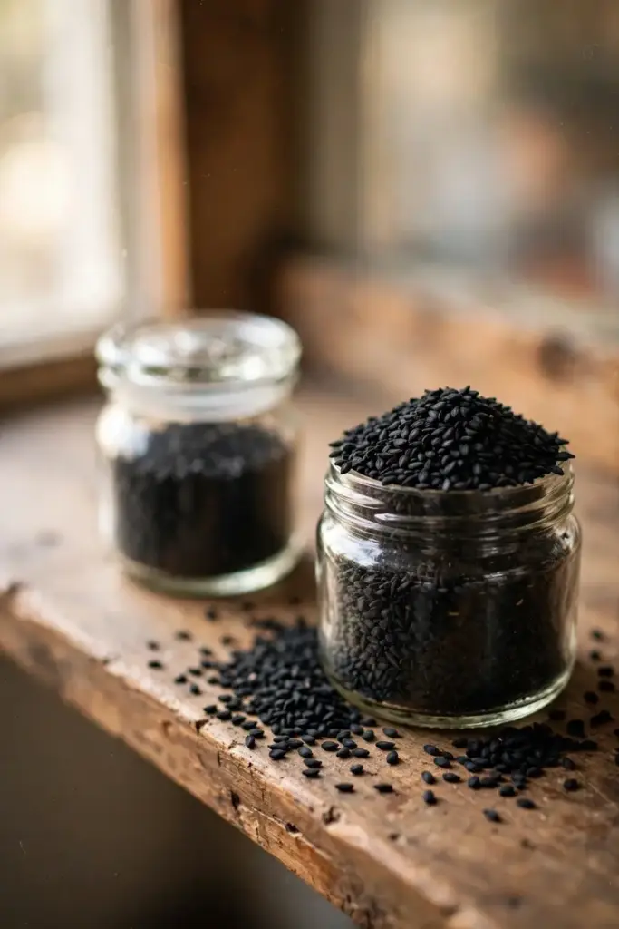 Glass jars of cleaned black kalonji seeds on a wooden shelf
