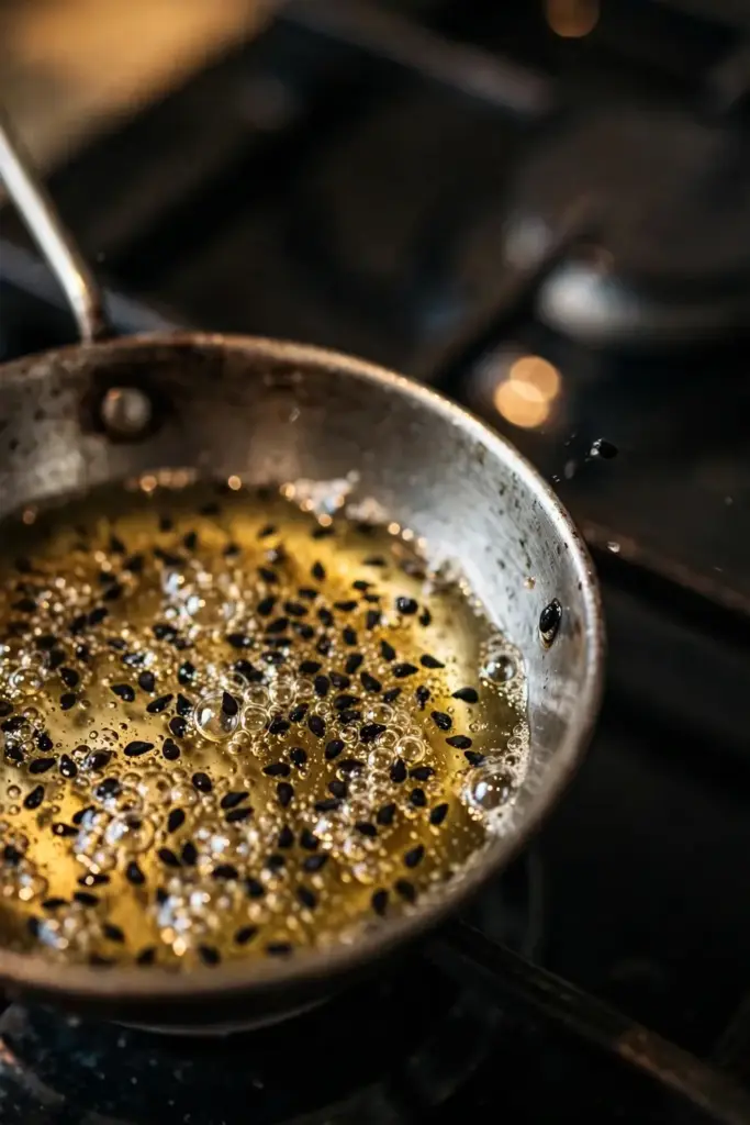 Black kalonji seeds sizzling in hot oil in a small steel pan