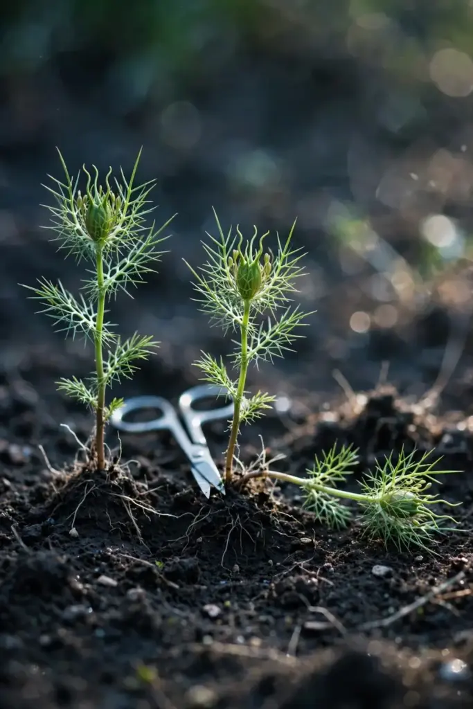 Scissors thinning crowded nigella seedlings to proper spacing