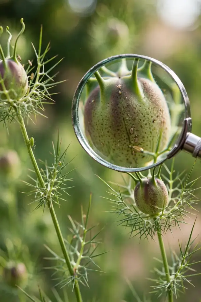 Magnifying glass inspecting a nigella seed capsule for problems
