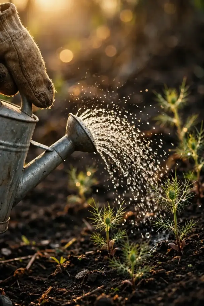Watering can pouring over young nigella seedlings at low sun