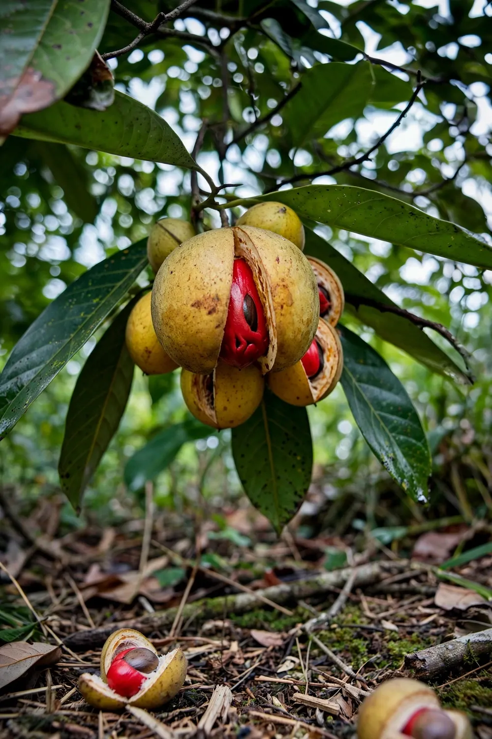 Nutmeg tree laden with ripe yellow fruit splitting open to reveal red arils
