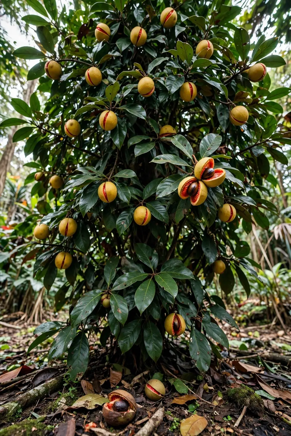 Mature nutmeg tree loaded with split yellow fruit showing red mace