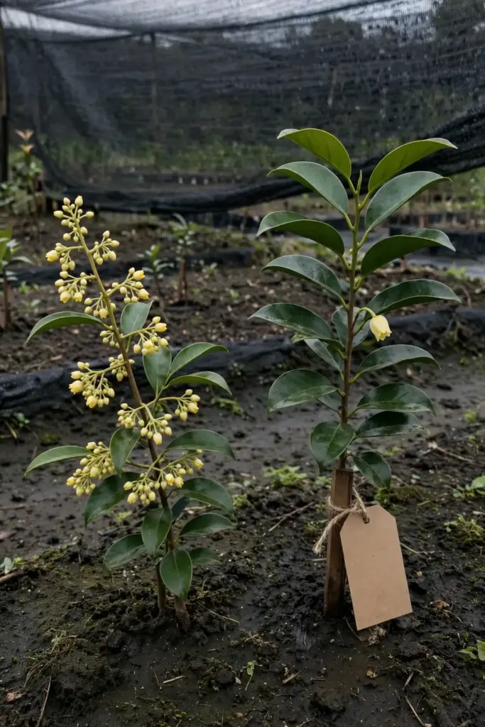 Two young nutmeg saplings side by side showing male and female flowering branches