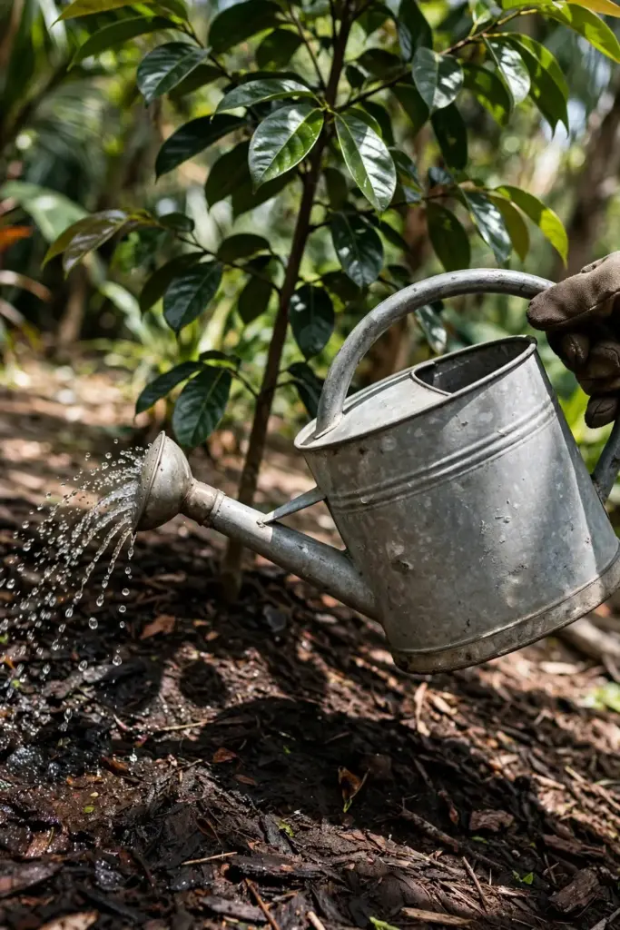 Watering can pouring droplets onto the mulched root zone of a nutmeg tree