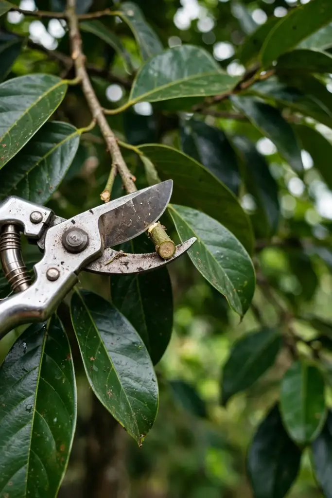 Pruning shears cutting a small inward-growing branch on a nutmeg tree