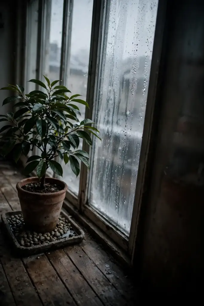 Potted nutmeg tree beside a bright window on a cold winter day