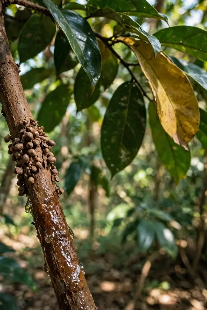 Scale insects clustered on a nutmeg stem beneath glossy dark leaves