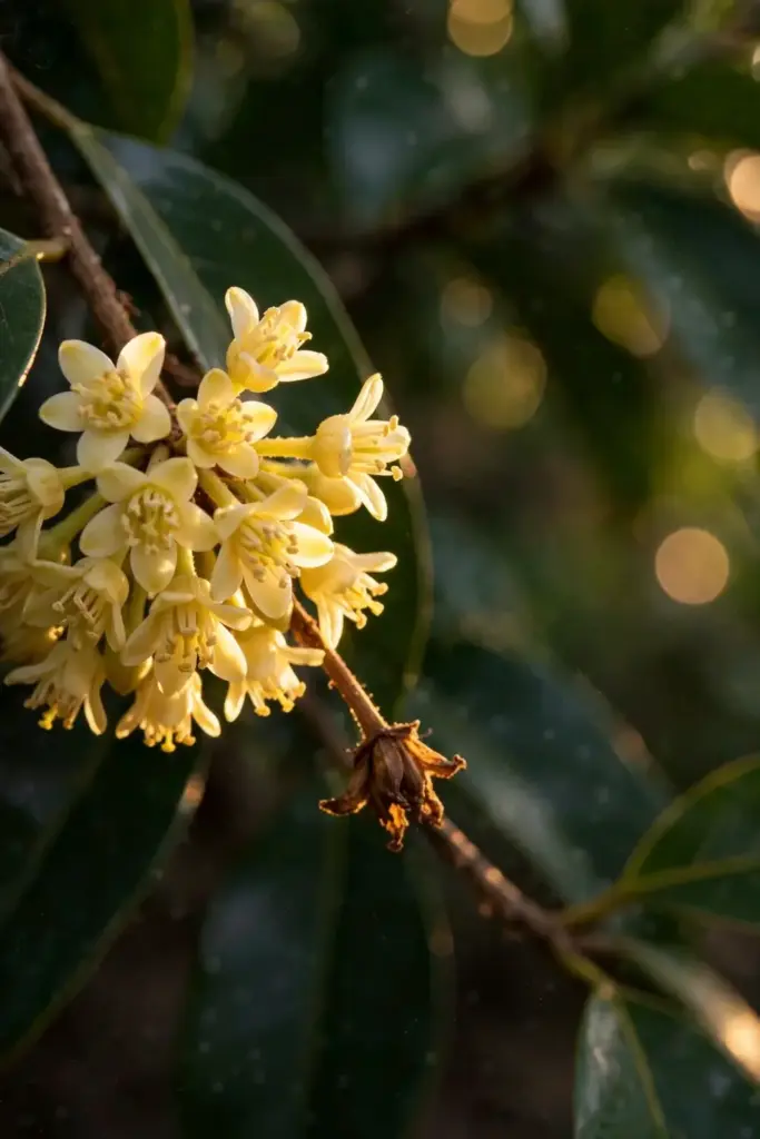 Clusters of small pale-yellow nutmeg flowers on a branch with glossy leaves