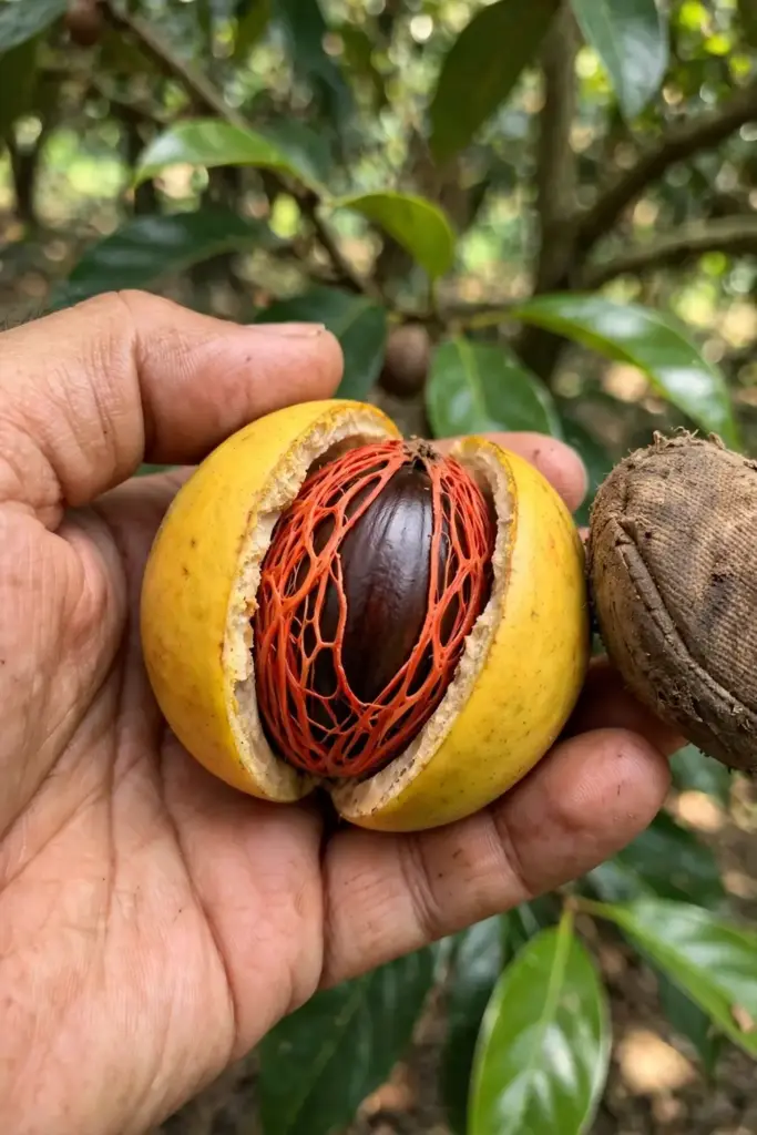 Hand holding a split nutmeg fruit revealing the seed wrapped in red mace