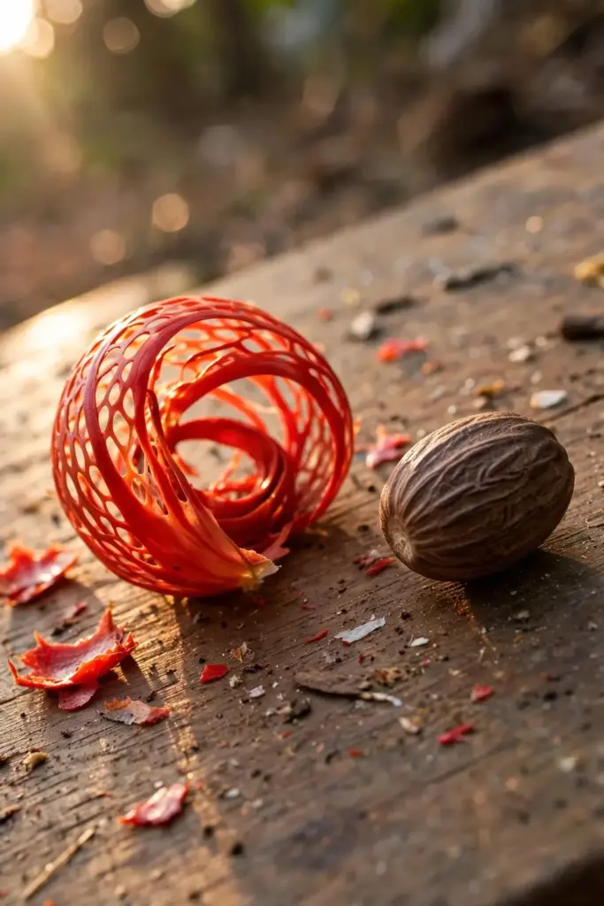 Lacy red-orange mace aril peeled away from a dark nutmeg seed
