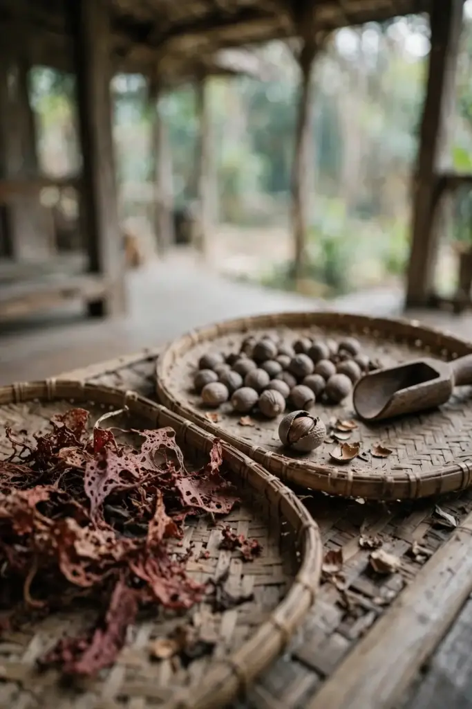 Mace blades and nutmeg seeds drying on woven trays in an airy shaded spot