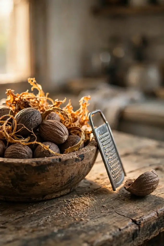 Whole nutmegs and dried mace blades in a rustic wooden bowl with a grater