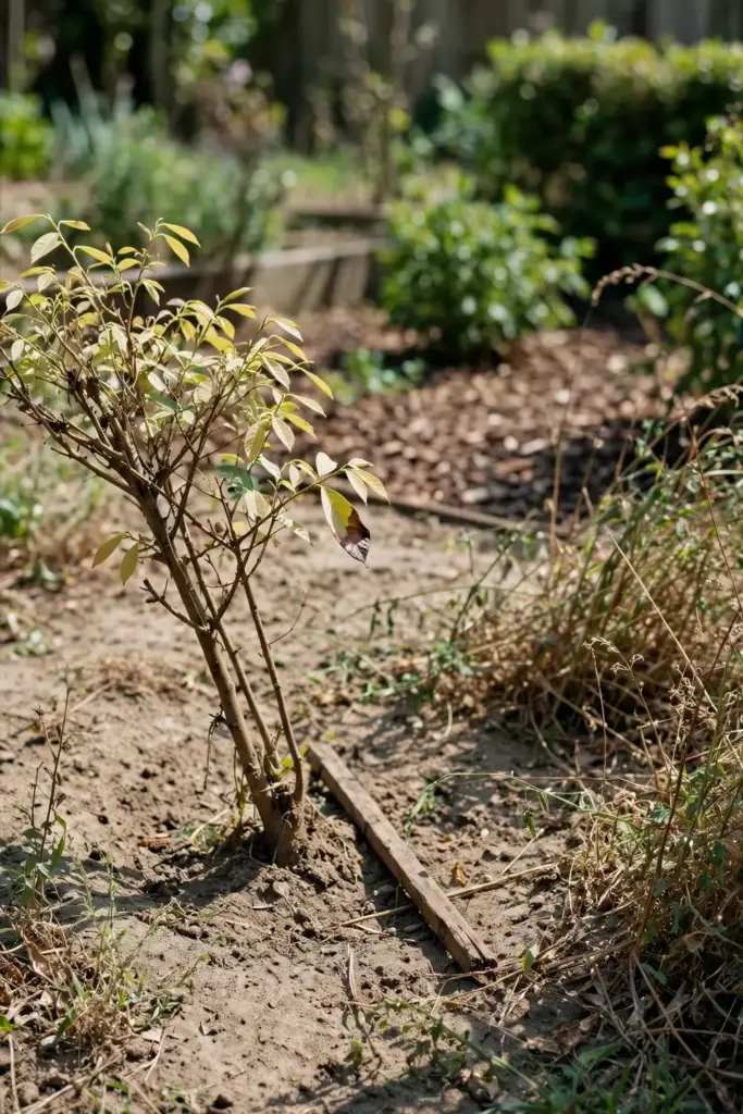 Stunted young nutmeg tree in an exposed windy spot with pale leaves