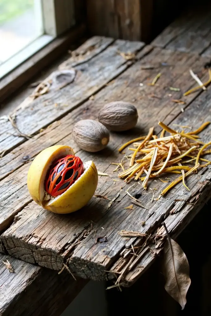 Split nutmeg fruit showing dark seed wrapped in red aril next to whole seeds