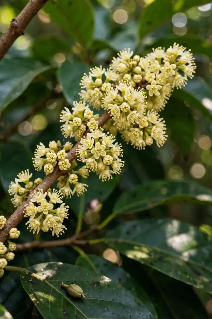 Close view of clustered male nutmeg flowers that will never set fruit