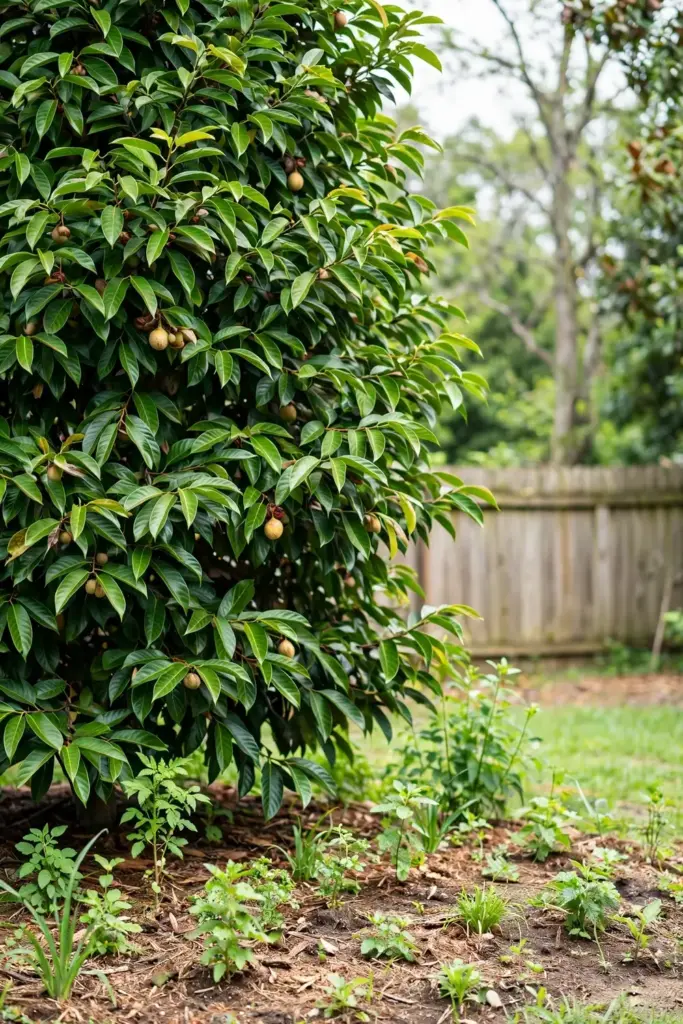 Mature nutmeg tree with dense conical crown in a home garden landscape