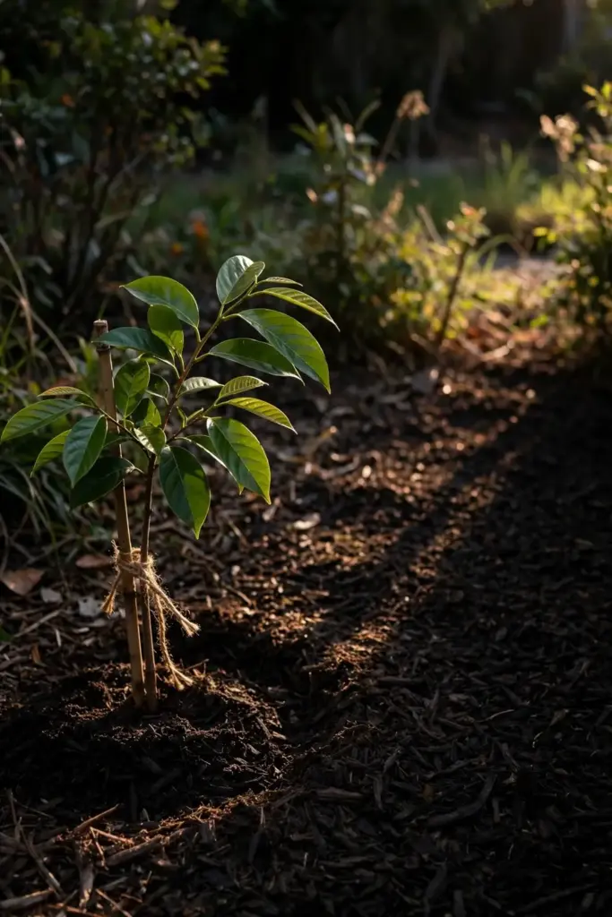 Newly planted young nutmeg tree in a fresh mulched bed at golden afternoon light