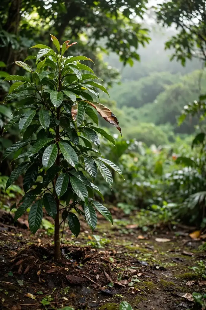 Young nutmeg tree in a humid tropical garden with misty green hills behind