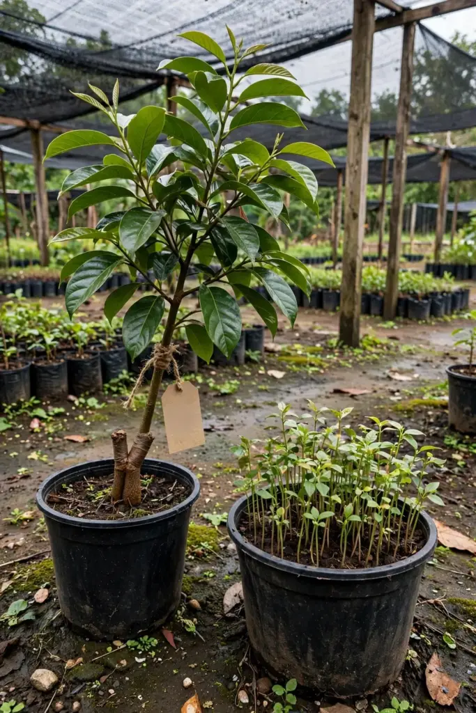 Grafted young nutmeg tree beside seed-grown seedlings in nursery pots