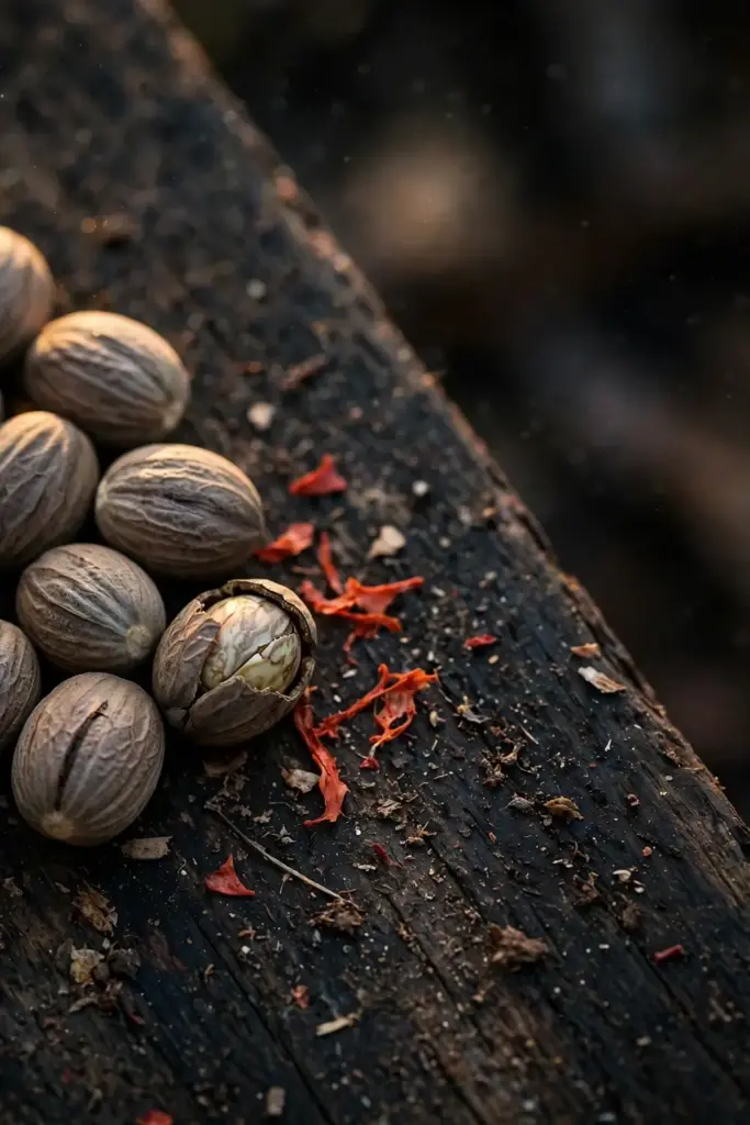 Fresh nutmeg seeds in the shell with one cracked open showing the kernel