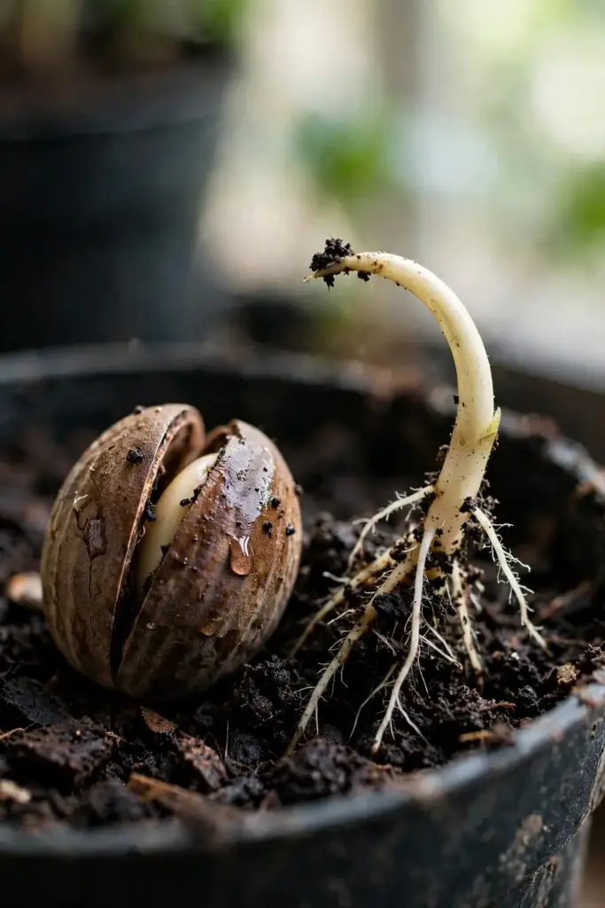 Nutmeg seed splitting open with a pale sprout emerging from dark moist soil
