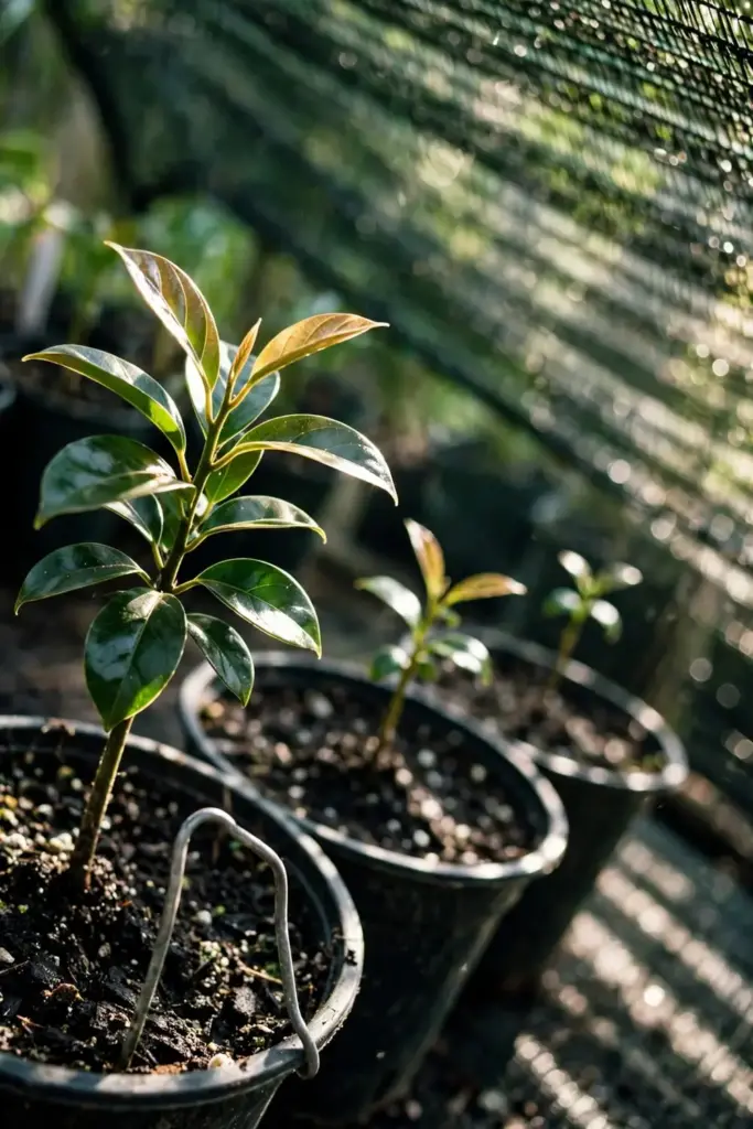 Young nutmeg seedlings at successive growth stages in dappled shade