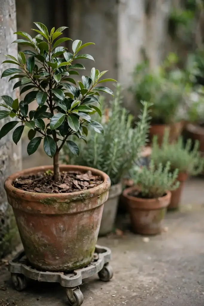 Nutmeg tree growing in a large terracotta pot on a sheltered patio