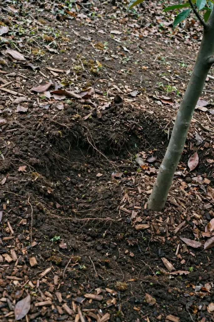 Rich dark soil with compost and leaf mulch around a young nutmeg trunk